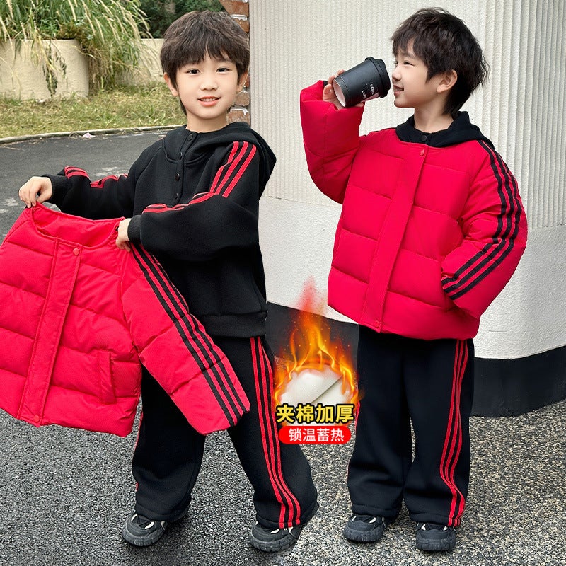 Children's Winter Cotton Clothing Set 2025 Boys and Girls Stylish Baby Cotton Clothing Sweatshirt Fleece-Lined Pants Three-Piece Set - Image 3