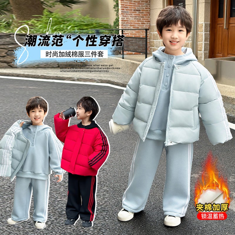 Children's Winter Cotton Clothing Set 2025 Boys and Girls Stylish Baby Cotton Clothing Sweatshirt Fleece-Lined Pants Three-Piece Set - Image 2