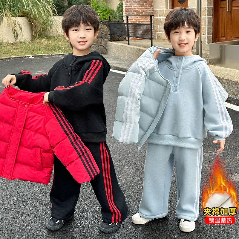 Children's Winter Cotton Clothing Set 2025 Boys and Girls Stylish Baby Cotton Clothing Sweatshirt Fleece-Lined Pants Three-Piece Set - Image 5