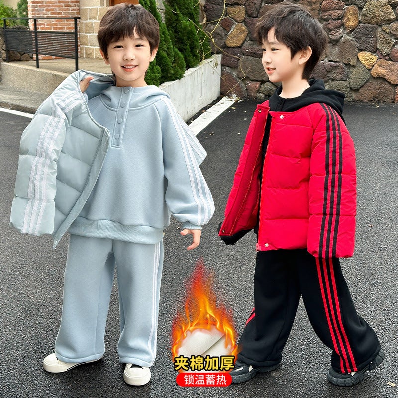 Children's Winter Cotton Clothing Set 2025 Boys and Girls Stylish Baby Cotton Clothing Sweatshirt Fleece-Lined Pants Three-Piece Set - Image 4
