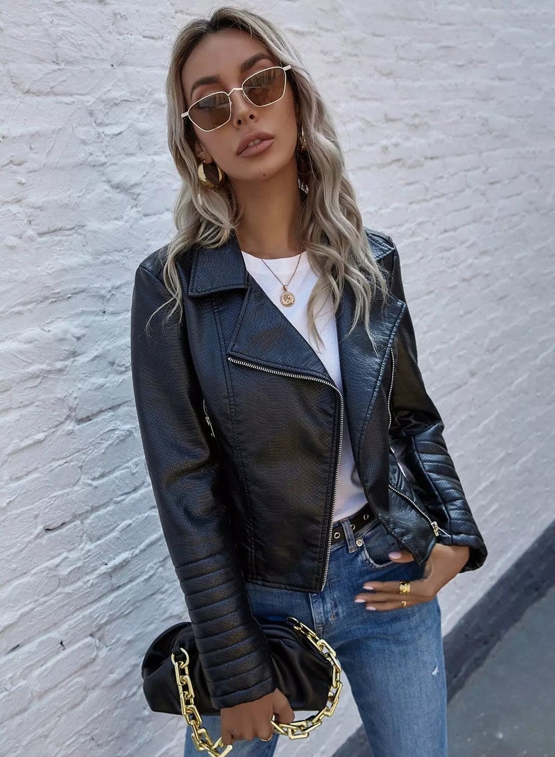 Solid PU Leather Zip Up Moto Jacket