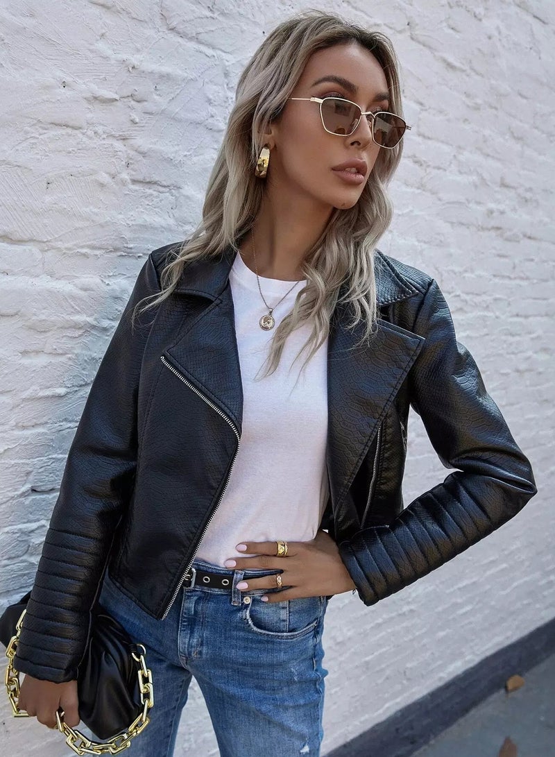 Solid PU Leather Zip Up Moto Jacket