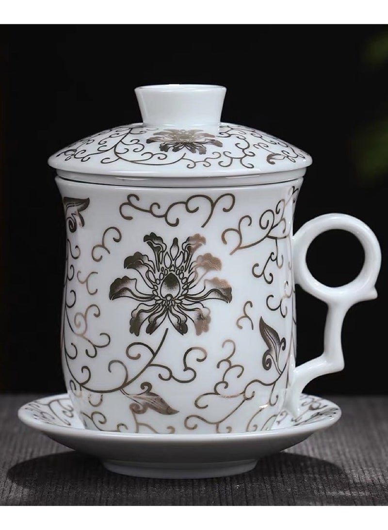 A four-piece ceramic tea cup set with a strainer with silver rose designs, with a capacity of 400 ml - Image 1