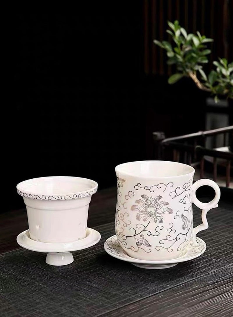A four-piece ceramic tea cup set with a strainer with silver rose designs, with a capacity of 400 ml - Image 3