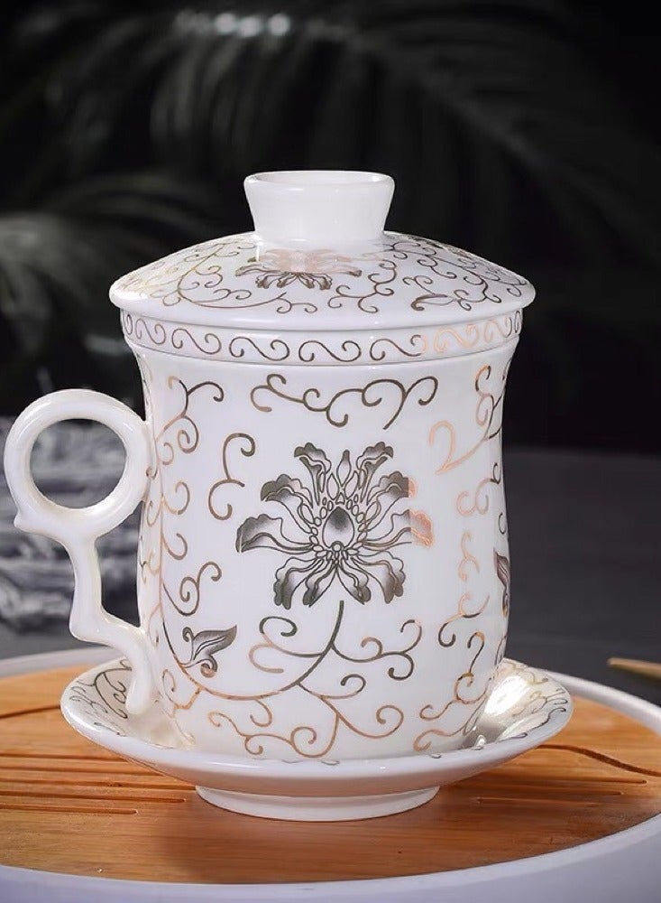 A four-piece ceramic tea cup set with a strainer with silver rose designs, with a capacity of 400 ml - Image 4