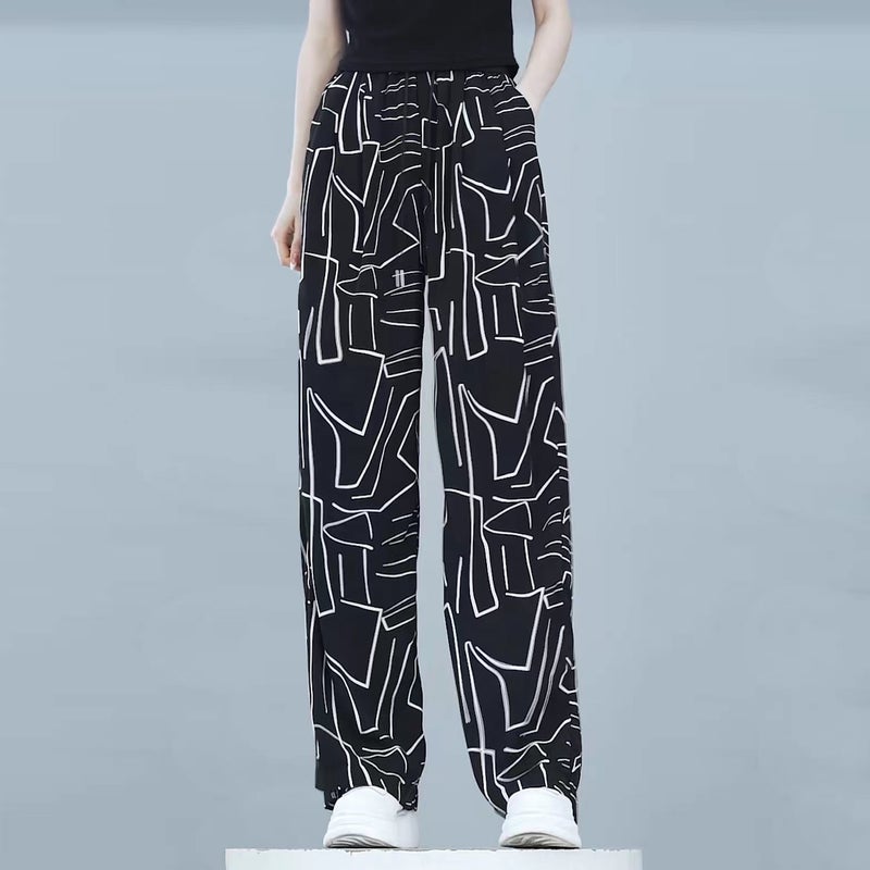 Spring and Summer Ink Tie-Dye Wide Leg Pants Womens Casual Leopard Ice Silk Ethnic Style Loose Ice Silk Pants Casual Pants Line