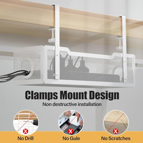 Cinati 2 Pack Under Desk Cable Management Box White, Cinati 26.8" Wire Organizers No Drill, Cord Organization Tray with Clamp for Office, Home - No Damage to Desk - Image 4