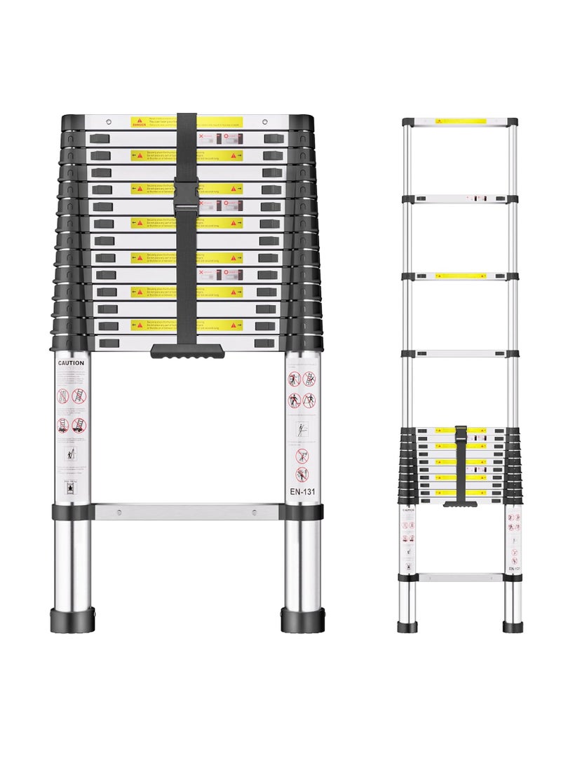 4.4m Heavy Duty Stainless Steel Telescopic Ladder, Loft Ladder with Non-Slip Feet, Portable Extendable Ladder, Adjustable Height Folding Ladder for Roof and Attic Caravans - Image 1