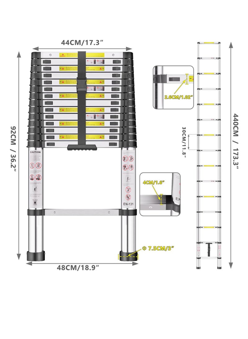 4.4m Heavy Duty Stainless Steel Telescopic Ladder, Loft Ladder with Non-Slip Feet, Portable Extendable Ladder, Adjustable Height Folding Ladder for Roof and Attic Caravans - Image 3