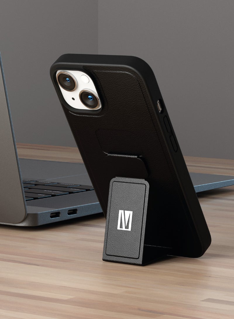 LEVELO Morphix Gripstand iPhone 14 PU Leather Case - Black - Image 2