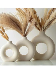 Generic Beige Ceramic Vases for Home Decor Set of 3 -Modern Donut Vase Circle Round for Pampas Grass Artificial Flowers, Boho Decor Living Room Table Centerpieces Dining Bedroom Shelf Farmhouse Decorations 3  - Image 1