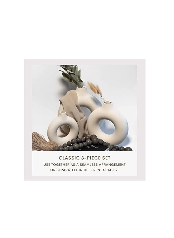 Generic Beige Ceramic Vases for Home Decor Set of 3 -Modern Donut Vase Circle Round for Pampas Grass Artificial Flowers, Boho Decor Living Room Table Centerpieces Dining Bedroom Shelf Farmhouse Decorations 3  - Image 4