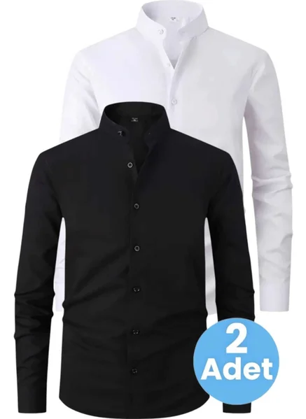 Tezzgelsin 2-Piece Judge Collar Slim Fit Breathable Easy Ironing Four Seasons Men's Shirt