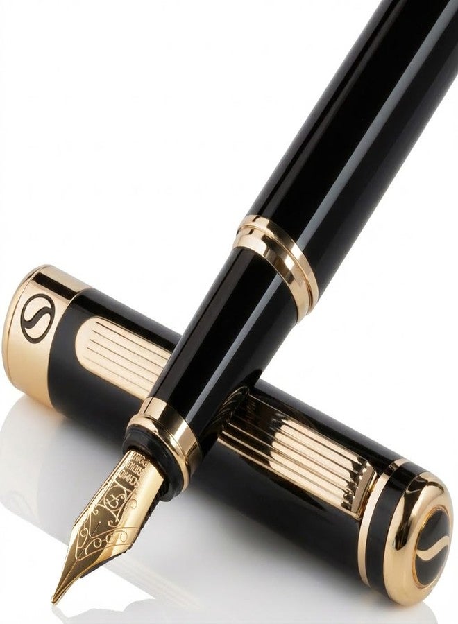 Scriveiner Luxury Fountain Pen - Stunning Black Lacquer Pen, Real Gold Finish, Schmidt Gilded Nib (Fine), Converter, Best Pen Gift Set for Men & Women, Professional, Executive, Office, Nice Pens - Image 1