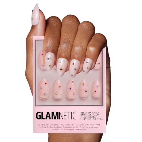 Glamnetic Press On Nails North Star SemiTransparent Fake Nails with 3D Multicolor Gems Short Almond Salon Quality 15 Sizes 30 Nail Kit with Glue - Image 1