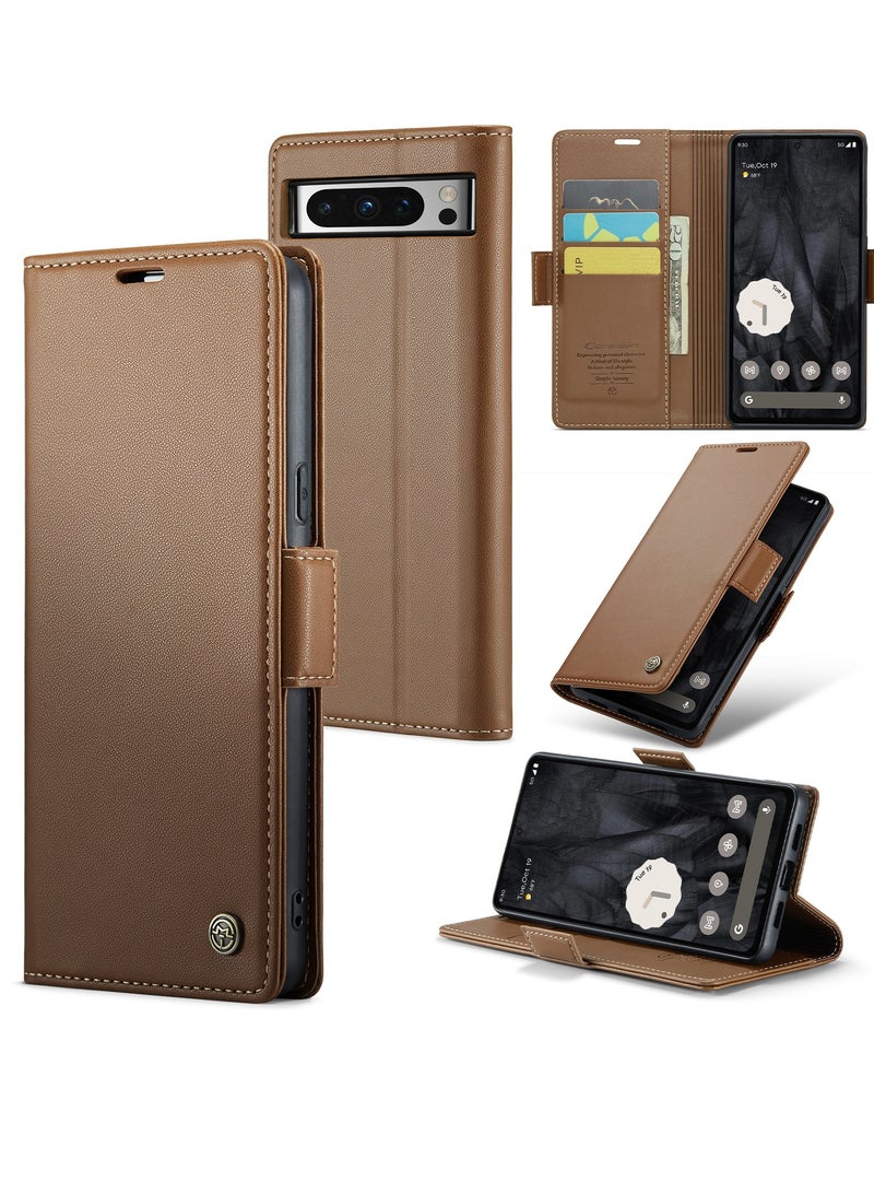 CaseMe CaseMe Flip Wallet Case For Google Pixel 8 Pro, [RFID Blocking] PU Leather Wallet Flip Folio Case with Card Holder Kickstand Shockproof Phone Cover (Brown)  - Image 2