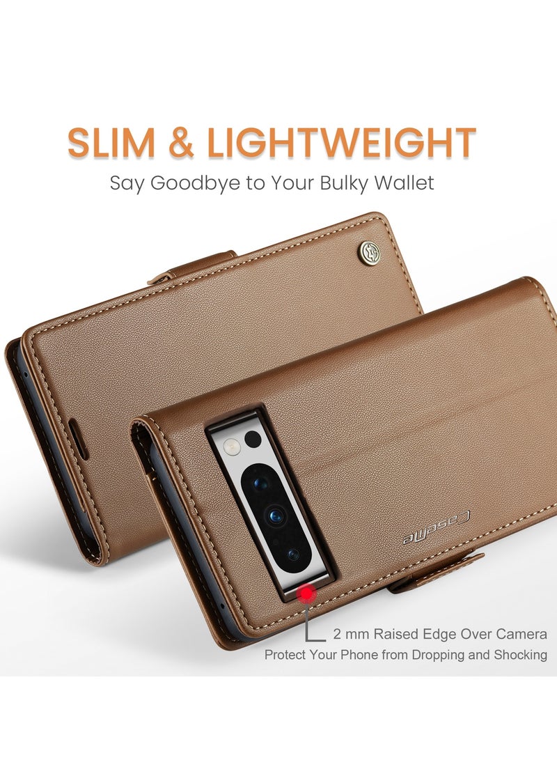 CaseMe CaseMe Flip Wallet Case For Google Pixel 8 Pro, [RFID Blocking] PU Leather Wallet Flip Folio Case with Card Holder Kickstand Shockproof Phone Cover (Brown)  - Image 4