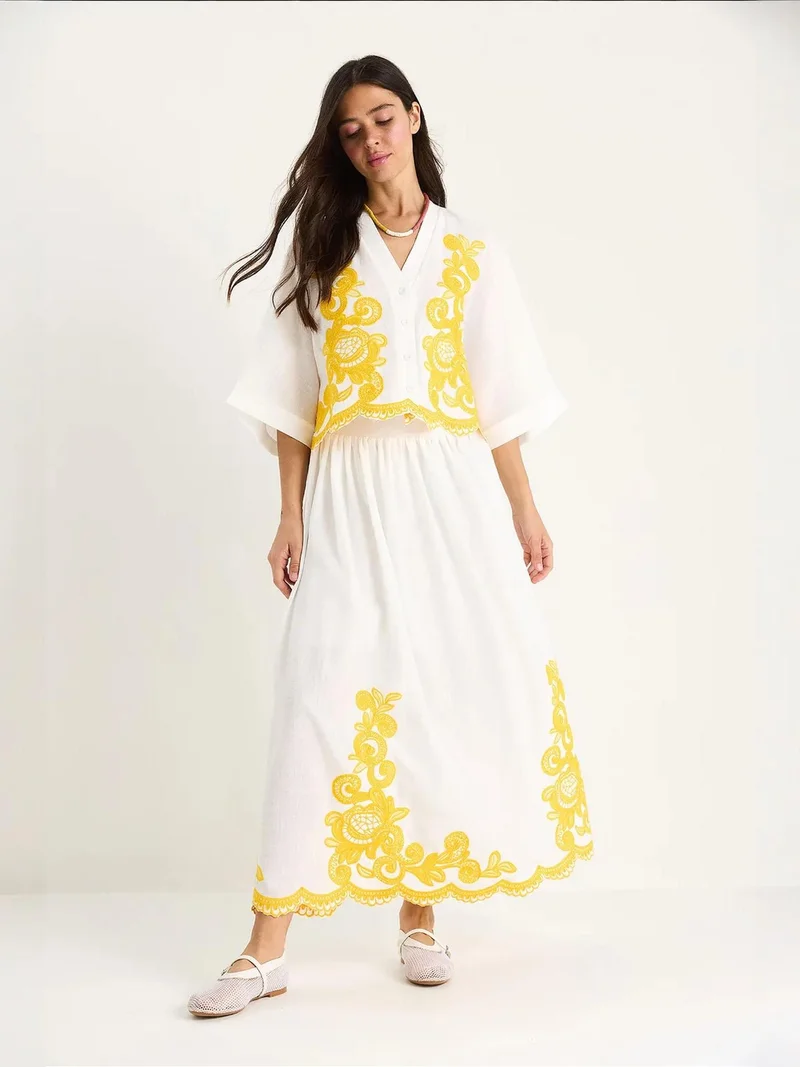 Bianco Lucci LUCCI Oversized V-neck Embroidered 3/4 Sleeve Shirt and Wide Leg Pants Set