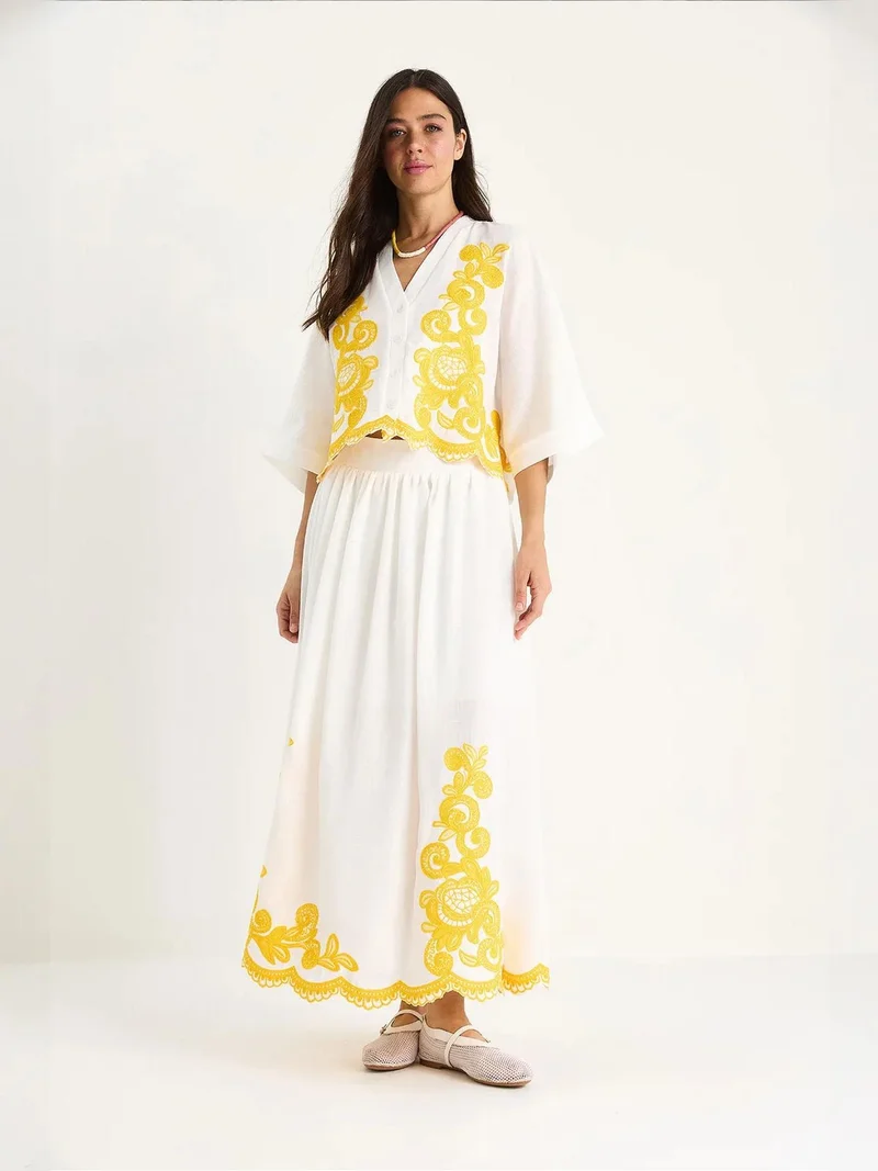 Bianco Lucci White LUCCI Oversized V-neck Embroidered 3/4 Sleeve Shirt and Wide Leg Pants Set for Women | Best Price UAE