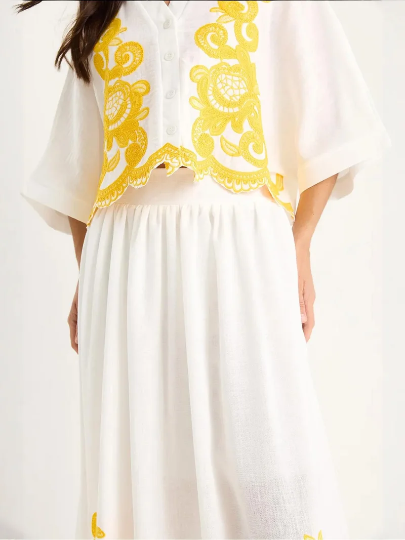 Bianco Lucci White LUCCI Oversized V-neck Embroidered 3/4 Sleeve Shirt and Wide Leg Pants Set for Women | Best Price UAE