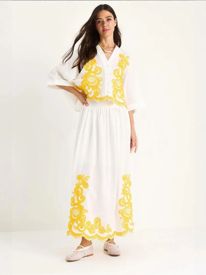 Bianco Lucci LUCCI Oversized V-neck Embroidered 3/4 Sleeve Shirt and Wide Leg Pants Set