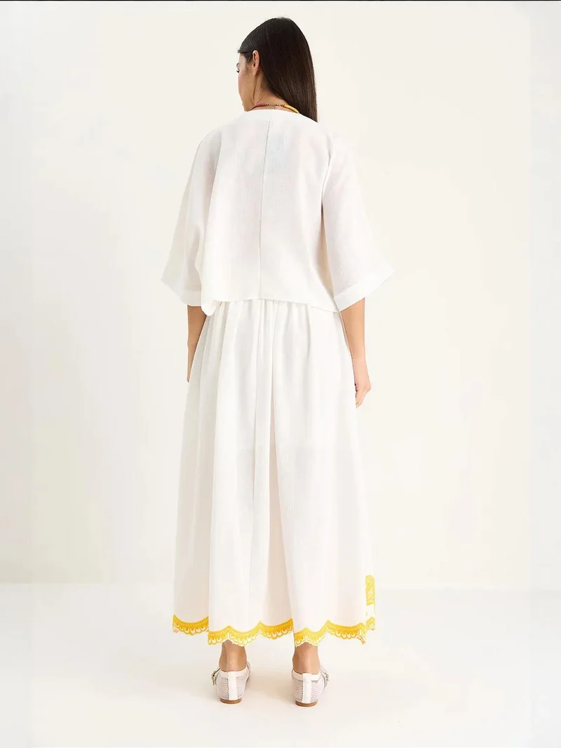 Bianco Lucci White LUCCI Oversized V-neck Embroidered 3/4 Sleeve Shirt and Wide Leg Pants Set for Women | Best Price UAE