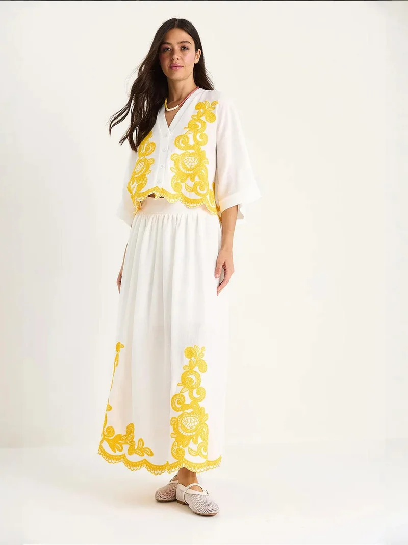 Bianco Lucci White LUCCI Oversized V-neck Embroidered 3/4 Sleeve Shirt and Wide Leg Pants Set for Women | Best Price UAE