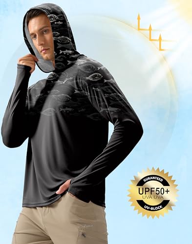 Pudolla Men's Sun Protection Hoodie Shirts UPF 50+ Rash Guard SPF Long Sleeve Fishing Shirt for Men Swim Hiking Boating(Black Fish Large) - Image 4