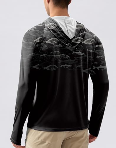 Pudolla Men's Sun Protection Hoodie Shirts UPF 50+ Rash Guard SPF Long Sleeve Fishing Shirt for Men Swim Hiking Boating(Black Fish Large) - Image 2