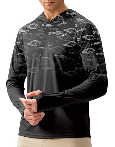 Pudolla Men's Sun Protection Hoodie Shirts UPF 50+ Rash Guard SPF Long Sleeve Fishing Shirt for Men Swim Hiking Boating(Black Fish Large) - Image 1