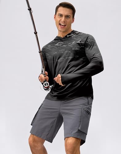 Pudolla Men's Sun Protection Hoodie Shirts UPF 50+ Rash Guard SPF Long Sleeve Fishing Shirt for Men Swim Hiking Boating(Black Fish Large) - Image 3