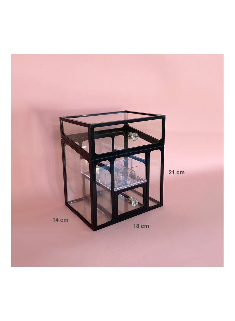 DARIYAH Makeup Box Cosmetics Storage Glass Cosmetics Storage Box Dustproof Home Bathroom Lipstick Makeup Brush Desktop Stand Easy Organization Large Capacity Black - Image 3