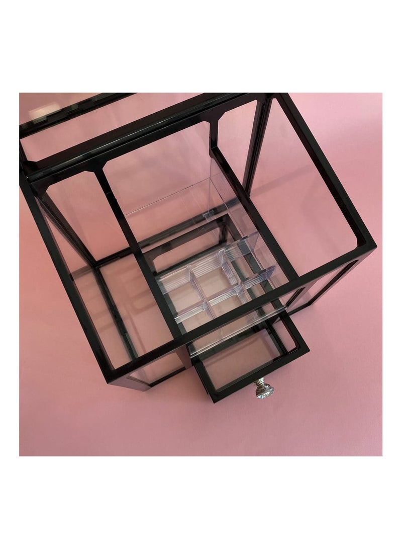 DARIYAH Makeup Box Cosmetics Storage Glass Cosmetics Storage Box Dustproof Home Bathroom Lipstick Makeup Brush Desktop Stand Easy Organization Large Capacity Black - Image 5