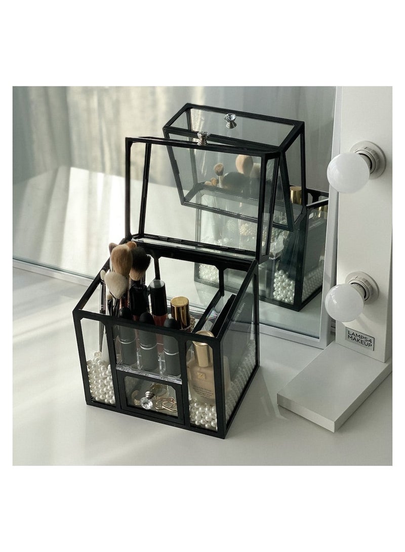 DARIYAH Makeup Box Cosmetics Storage Glass Cosmetics Storage Box Dustproof Home Bathroom Lipstick Makeup Brush Desktop Stand Easy Organization Large Capacity Black - Image 2