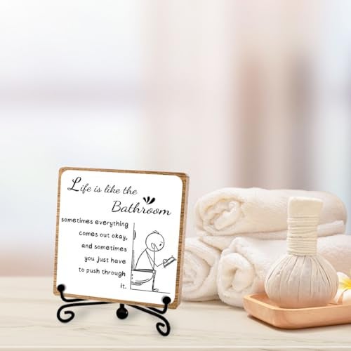 Toerifer Funny Bathroom Decor, Bathroom Wooden Sign with Stand Decor, Farmhouse Home Toilet Desk Shelf Accessories, Rustic Table Decorations Supplies - Image 4