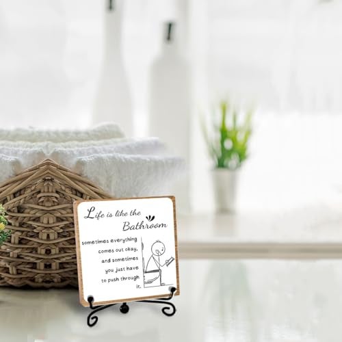 Toerifer Funny Bathroom Decor, Bathroom Wooden Sign with Stand Decor, Farmhouse Home Toilet Desk Shelf Accessories, Rustic Table Decorations Supplies - Image 3