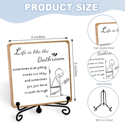 Toerifer Funny Bathroom Decor, Bathroom Wooden Sign with Stand Decor, Farmhouse Home Toilet Desk Shelf Accessories, Rustic Table Decorations Supplies - Image 2
