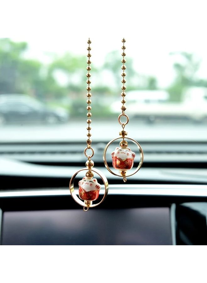 Pink Lucky Cat Car Hanging Ornament Ceramic Maneki Neko Rearview Mirror Charm For Fortune - Image 4
