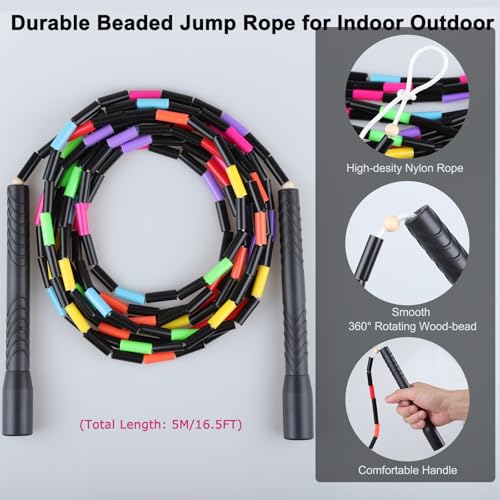 Fezog 16.5FT Double Dutch Jump Ropes for Adults Kids, Rainbw Long Jump Rope, Beaded Jump Rope for Fitness, Segmented Skipping Ropes for Exercise Training, Tangle-Free (Black-2Pcs) - Image 3