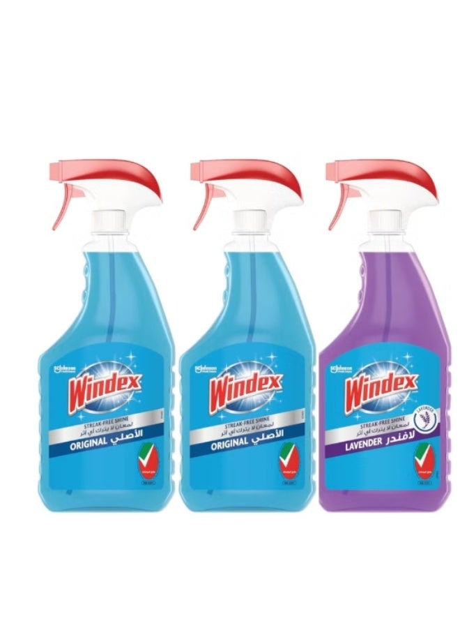 Windex Window & Glass Cleaner, 2 Original & 1 Lavender Scent, 3 x 750ml