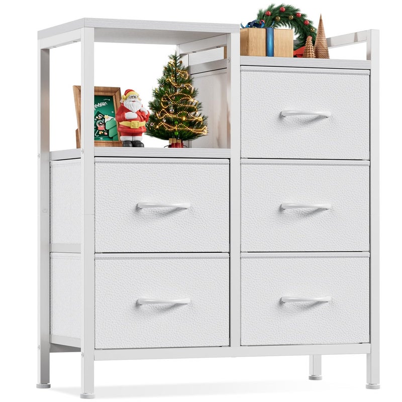 Furnulem 5 Drawer White Dressers for Bedroom 2 Tier Shelf Storage Small Fabric Dresser for Closet Sturdy Metal Frame Modern Style Storage Cabinets Organization Units for Hallway Rooms