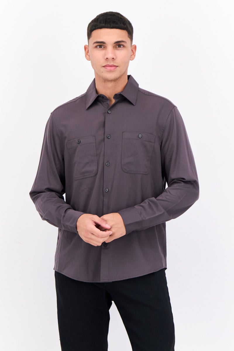 PERRY ELLIS قميص رجالي عادي بأكمام طويلة بلون رمادي داكن - Image 1