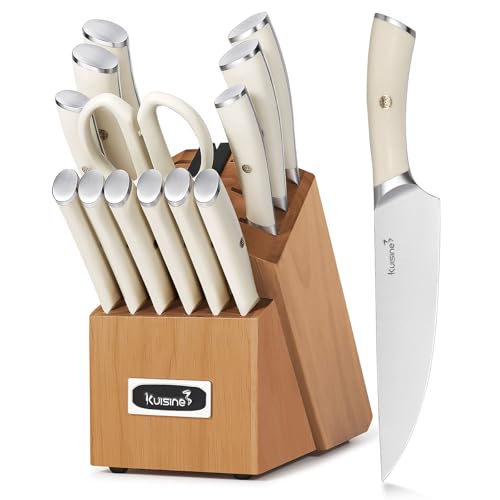 KUISINE Damascus Knife Block Set,Sharp Knife Set,Ergonomic Non-slip Handle,Chef Knife Set with Built-in Sharpener,Luxury Gift for Holiday(Silver,14PCS) - Image 1