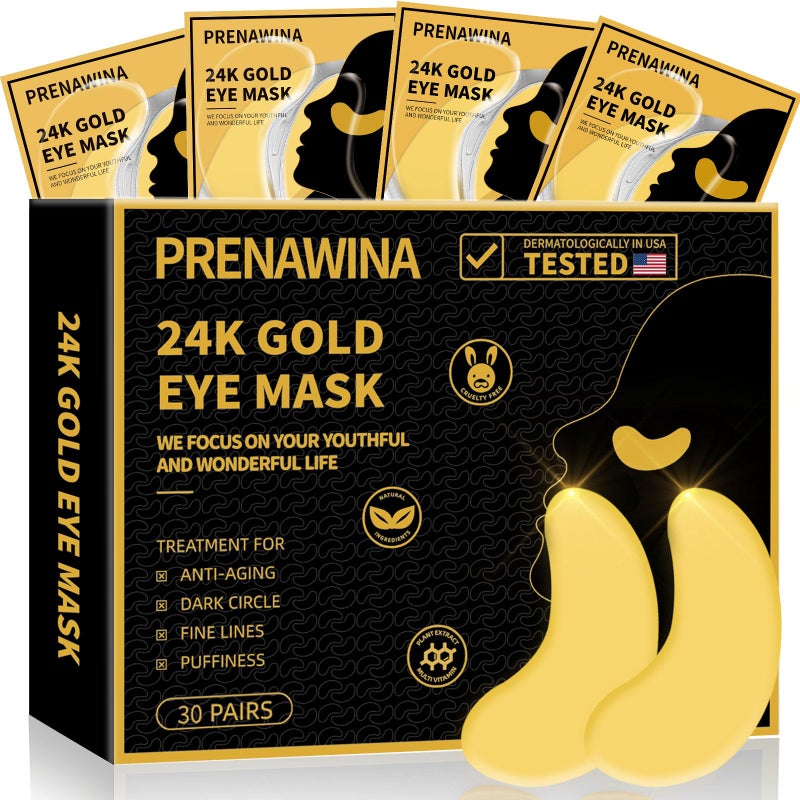 Prenawina Under Eye Patches for Puffy Eyes Treatment 30 Pairs, 24K Gold Under Eye Masks for Dark Circles and Puffiness, Eye Gel Pads w/ Collagen, Sodium Hyaluronate, Rose Essence for Eye Bags Treatment - Image 1