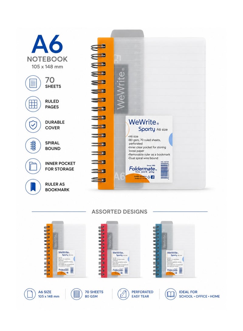 Foldermate 1-Piece A6 Size Spiral Lined Notebook 70 Sheets Assorted Colours - Image 1