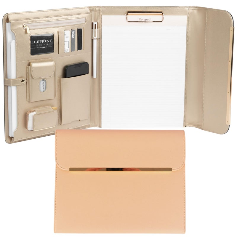BLU MONACO | Peach Beige Vegan Leather Padfolio | Professional Portfolio Binder with Magnetic Closure and Gold Trim | 8.5 x 11 Business Organizer Case for Women - Image 1