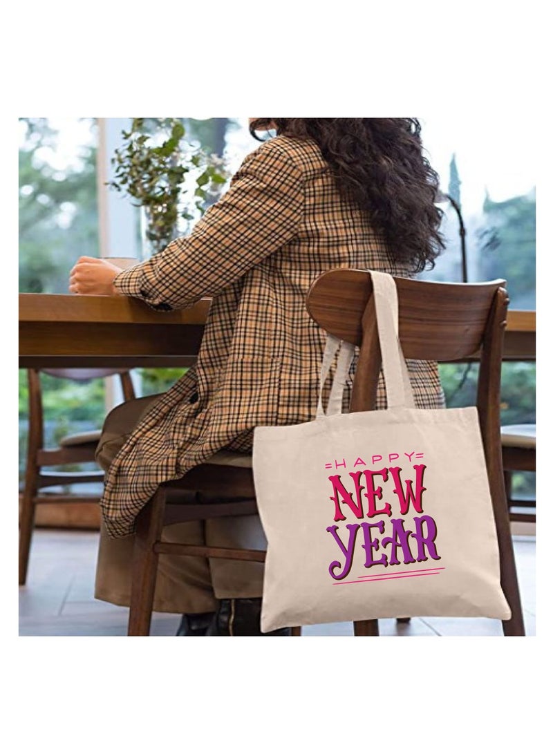برينت شوب فور مي سنة جديدة سعيدة مع حقيبة حمل قطنية من القماش المطبوع - حقائب كبيرة أنيقة ومثالية للاستخدام اليومي - حقائب تسوق للعام الجديد - Image 3