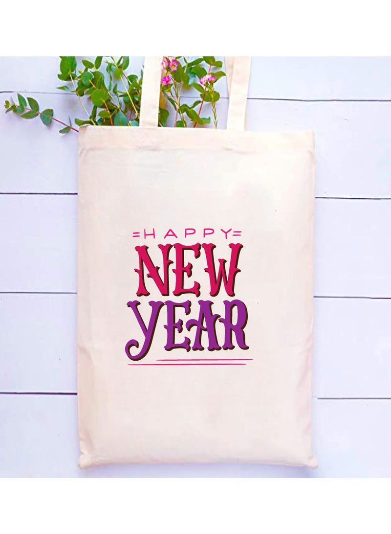 برينت شوب فور مي سنة جديدة سعيدة مع حقيبة حمل قطنية من القماش المطبوع - حقائب كبيرة أنيقة ومثالية للاستخدام اليومي - حقائب تسوق للعام الجديد - Image 2