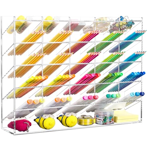 BEYGORM Acrylic Vertical Marker Organizer for 310 Markers with 26 Compartments, Clear Angled Pen & Pencil Holder, Large Desk Stationery & Art Supply Storage for Office & School (14.9 x 12.4 x 4 Inch) - Image 1