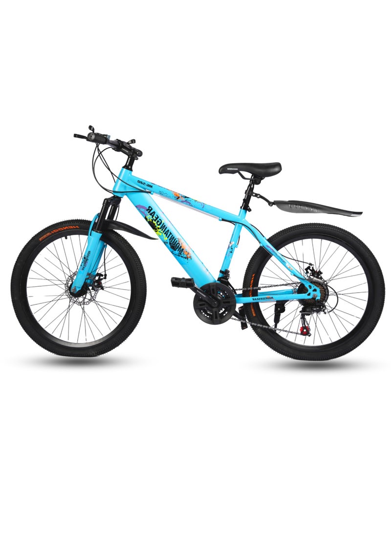 ماونتن جير الدراجة الجبلية MTB 21 سرعة MGR311382 | دراجة مقاس 24 بوصة بإطار من الفولاذ عالي الكربون | فرامل قرصية | 38 شوكة أمامية ممتصة للصدمات | TX-30 شيمانو شيمانو | دواسات بي في سي | مقعد MTB- أزرق فاتح - Image 1